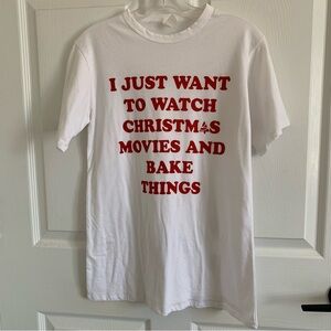 White Graphic Tee with Red Holiday Script Christmas Cotton-blend Large Soft NWOT